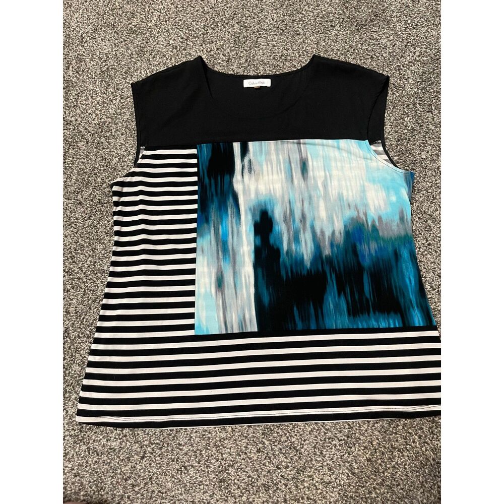 Calvin Klein Blue Black White abstract striped sleeveless blouse tank top 0X